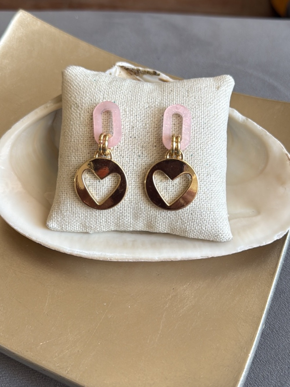 Gold Heart Circle Drop Earrings with Pink Accents